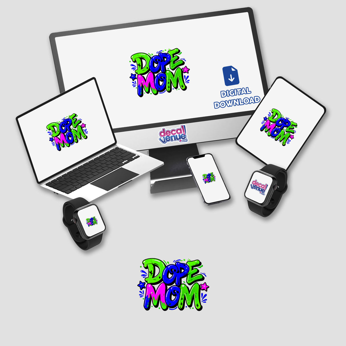 Dope Mom design featuring a computer monitor, laptop, smartphone, and smartwatch, available as stickers or digital artwork, highlighting tech-savvy motherhood in unique vinyl form.