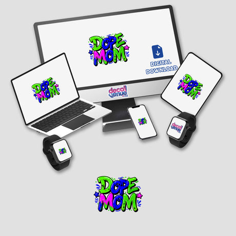 Dope Mom design featuring a computer monitor, laptop, smartphone, and smartwatch, available as stickers or digital artwork, highlighting tech-savvy motherhood in unique vinyl form.