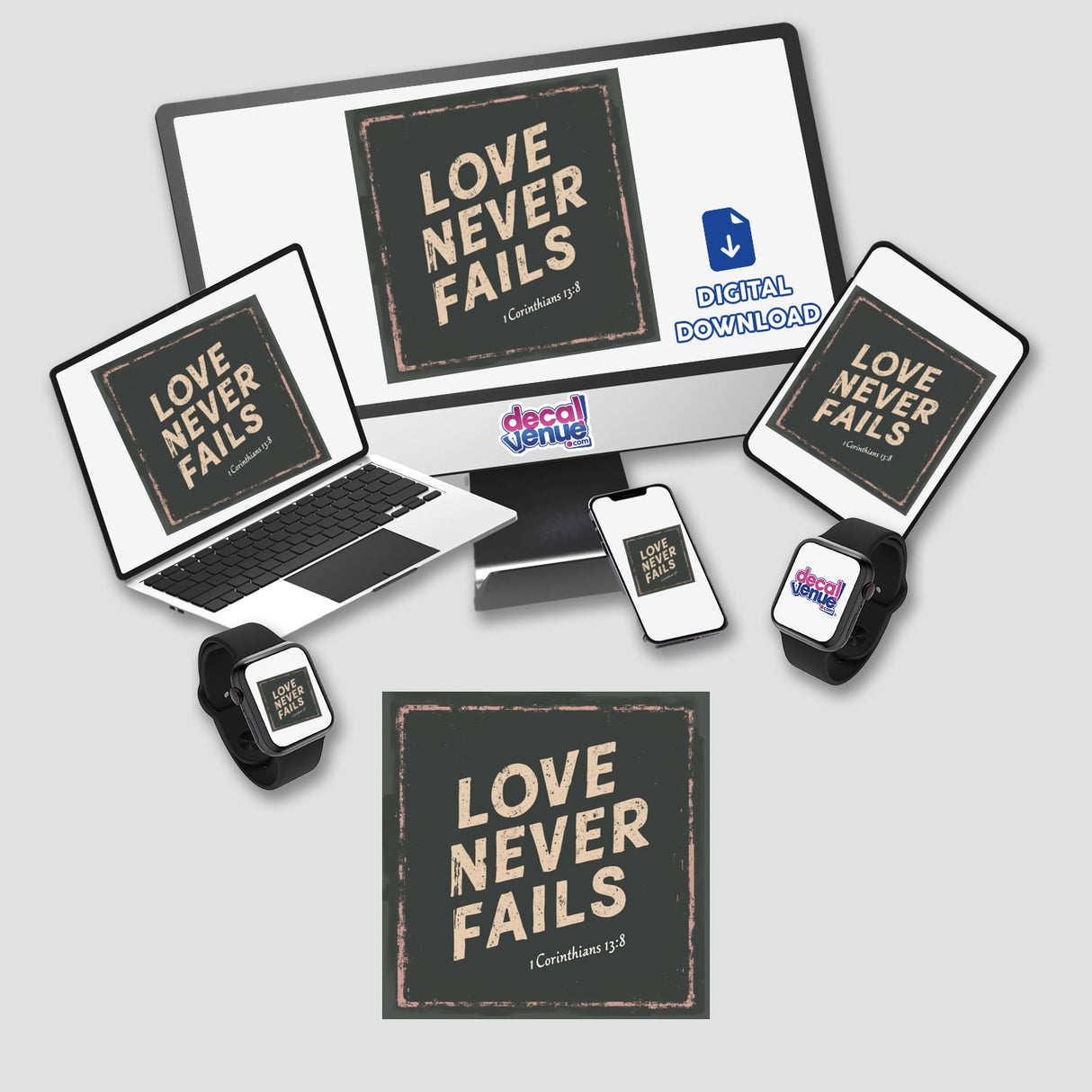 Love Never Fails - 1 Corinthians 13:8 - Christian Sticker or Clipart featuring a computer monitor, smartwatches, and a laptop, available as unique stickers or digital artwork.