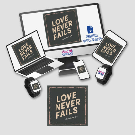 Love Never Fails - 1 Corinthians 13:8 - Christian Sticker or Clipart featuring a computer monitor, smartwatches, and a laptop, available as unique stickers or digital artwork.