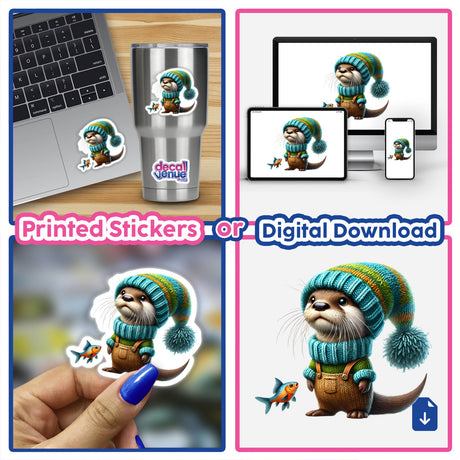 Collage featuring Otter Gnome with Fish as stickers or digital artwork; includes close-ups of a laptop, fingers, and various cartoon animals in hats and overalls.