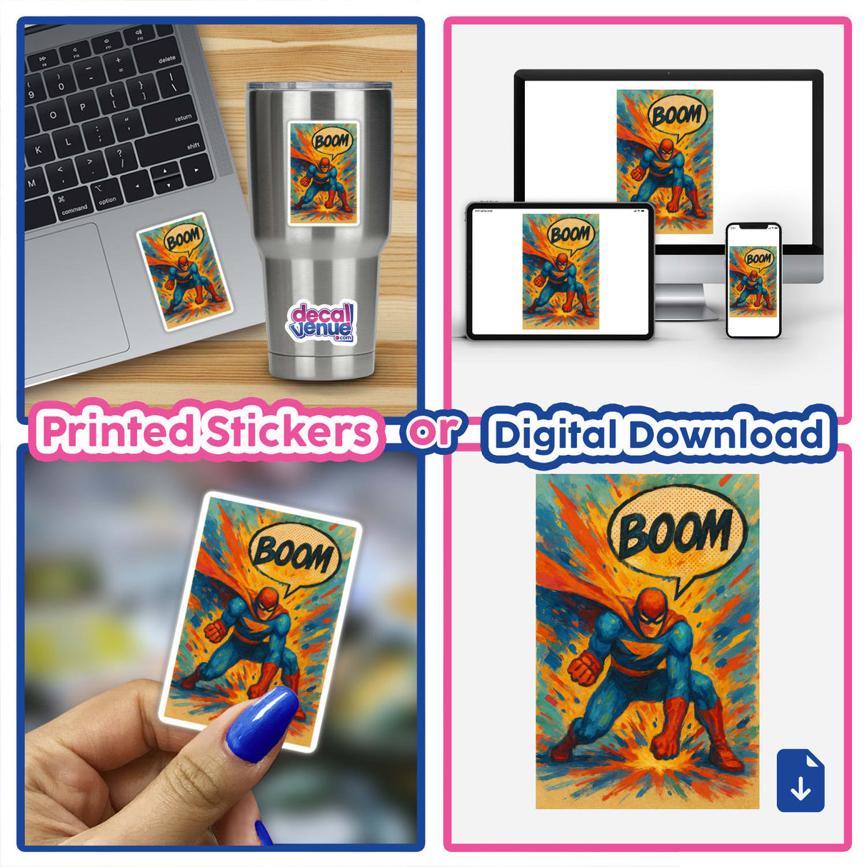 Boom Gouache Comic Book Sticker or Clipart features a motivational superhero theme, available as stickers or digital artwork with commercial rights, embodying Decal Venue's unique vinyl and digital art offerings.