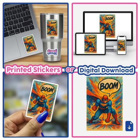 Boom Gouache Comic Book Sticker or Clipart features a motivational superhero theme, available as stickers or digital artwork with commercial rights, embodying Decal Venue's unique vinyl and digital art offerings.