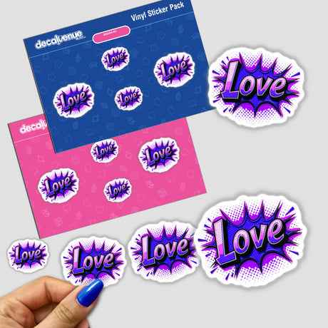 Love Valentine's Day sticker pack featuring vibrant designs and comic book elements, ideal for personalizing items. Available as physical stickers or digital artwork from Decal Venue.