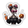 Halloween Boujee Skeleton Mama: A cartoon skeleton holding a drink and pumpkins, featuring playful Halloween elements and quirky details, available as stickers or digital artwork.