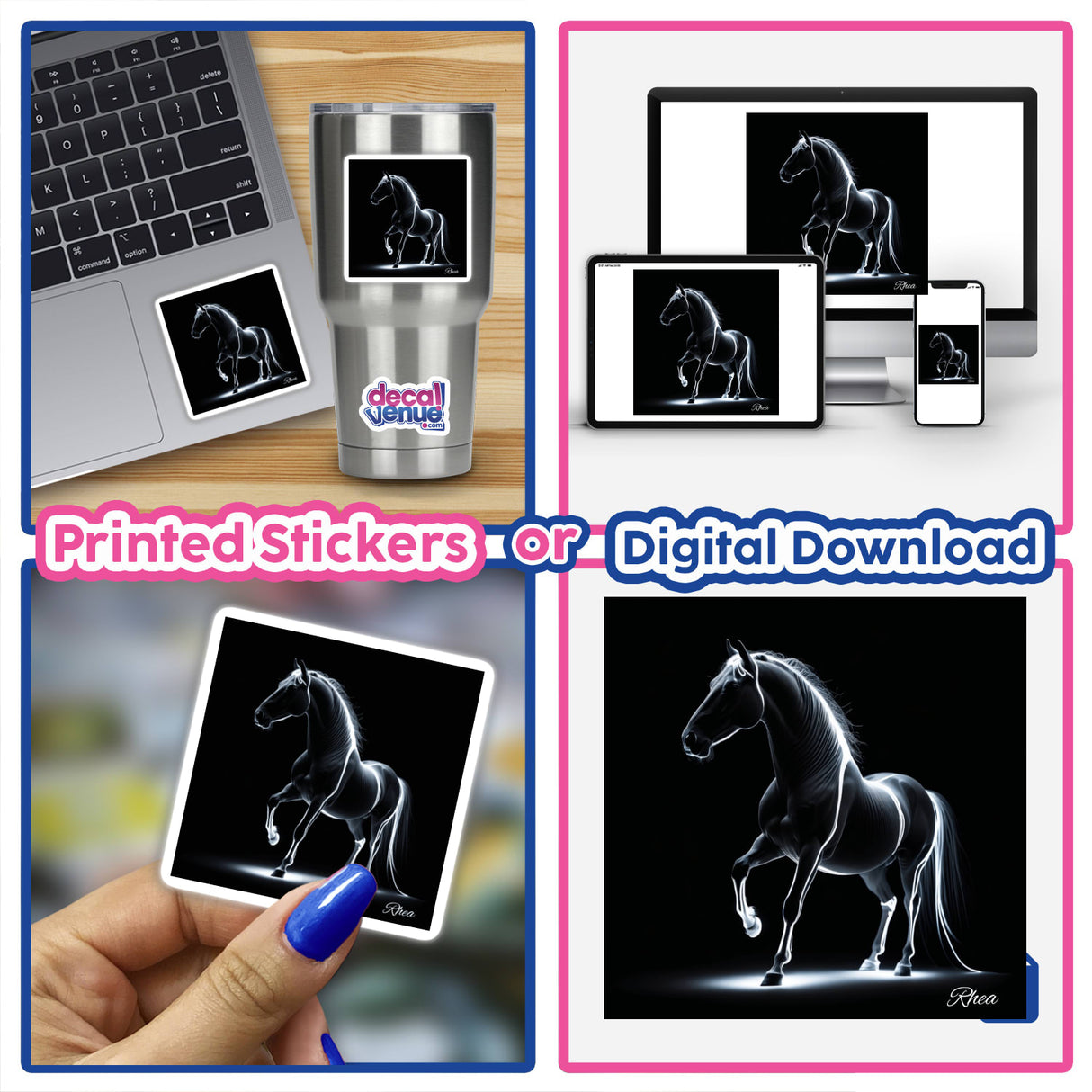 Collage featuring various horse images, including a digital artwork titled A Way of Hope, available as stickers or digital download, showcasing intricate horse designs from Decal Venue.