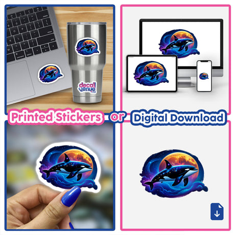 A Cute Magical Orca sticker displayed on a laptop, featuring a whimsical whale with celestial elements, available as a sticker or digital artwork from Decal Venue.