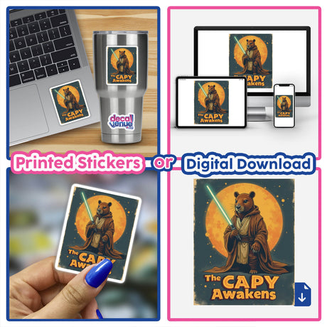 The Capy Awakens Sticker or Clipart features a cartoon capybara wielding a lightsaber, available as vinyl stickers or digital art, ideal for Star Wars enthusiasts.