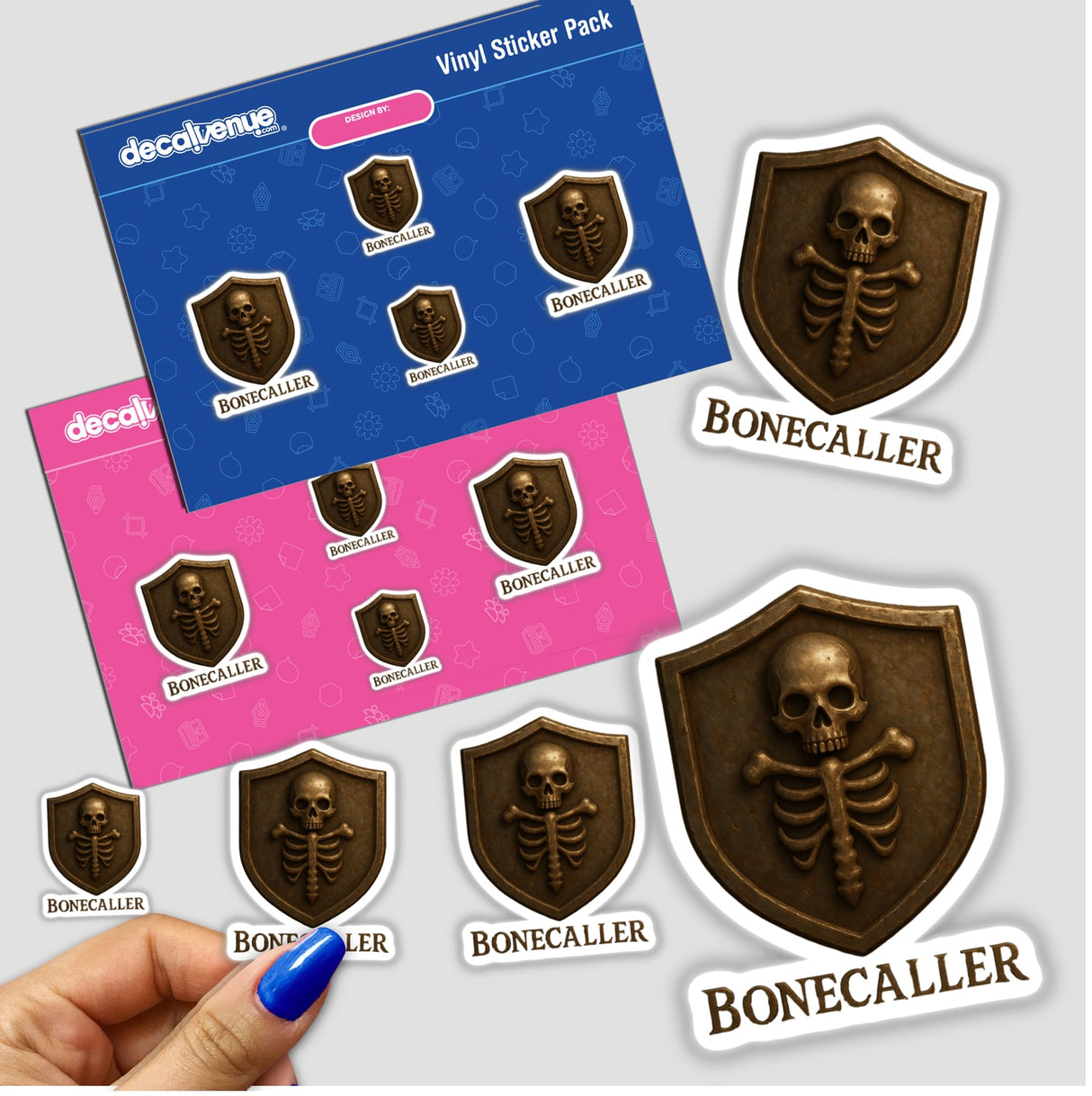 Bonecaller – RPG-Style Skill Badge featuring a bronze skeletal sigil crest, available as a sticker or digital artwork, highlighting intricate detailing that aligns with Decal Venue's unique vinyl and digital art offerings.