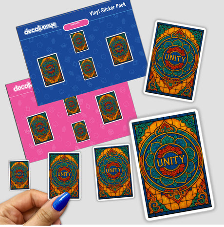 Unity Tibetan Thangka Stained Glass Sticker or Clipart, featuring intricate spiritual motifs, available as motivational art with commercial rights, perfect for enhancing spaces or digital projects.