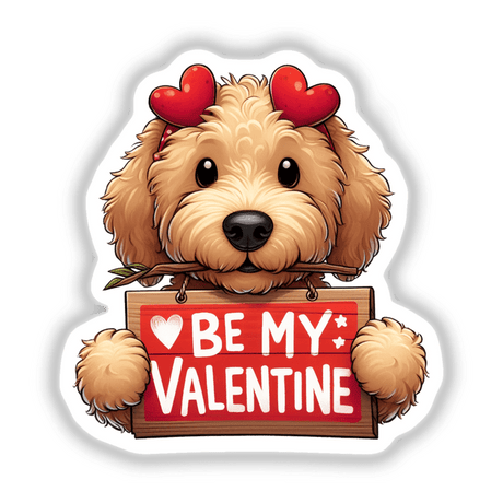 GoldenDoodle Be My Valentine: A cartoon dog holds a red sign with white text, surrounded by hearts, available as stickers or digital artwork from Decal Venue.