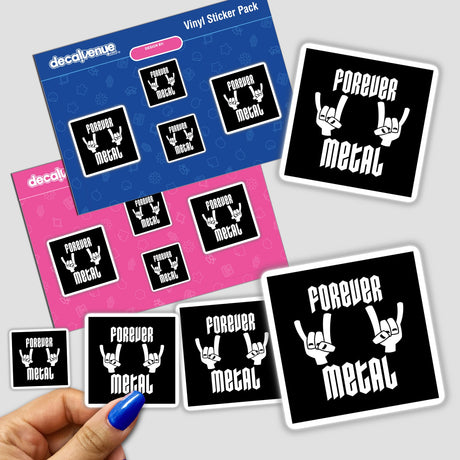 Sticker pack featuring the Forever Metal Heavy Metal Devil Horns Hand Gesture In White, showcasing unique vinyl designs, reflecting Decal Venue's signature for distinctive stickers and digital art collections.