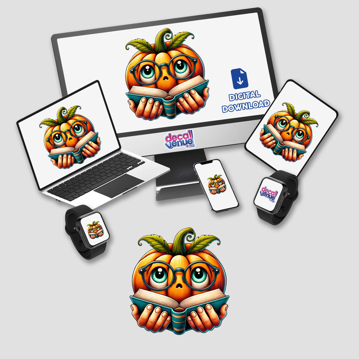 Pumpkin in Reading Glasses with Book displayed on a computer monitor and laptop screen, available as stickers or digital artwork.