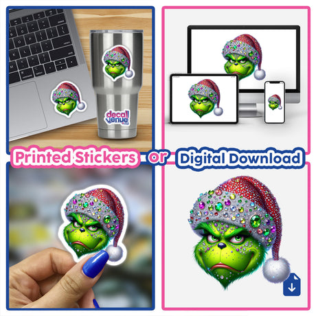 Green Grouch Christmas Face with Jeweled Santa Hat I depicted on a laptop, showcasing a green character in a jeweled hat, available as stickers or digital artwork.