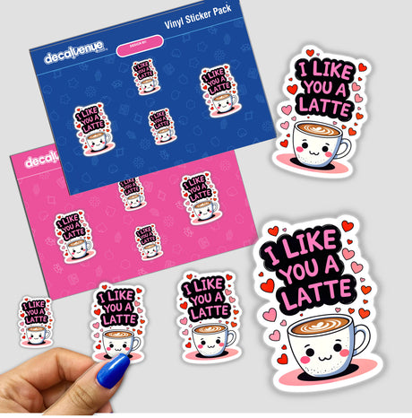 Sticker pack titled I Like You A Latte Funny Love Quote featuring cartoon coffee cups with expressive faces and hearts, perfect for vinyl sticker enthusiasts or digital art collectors.