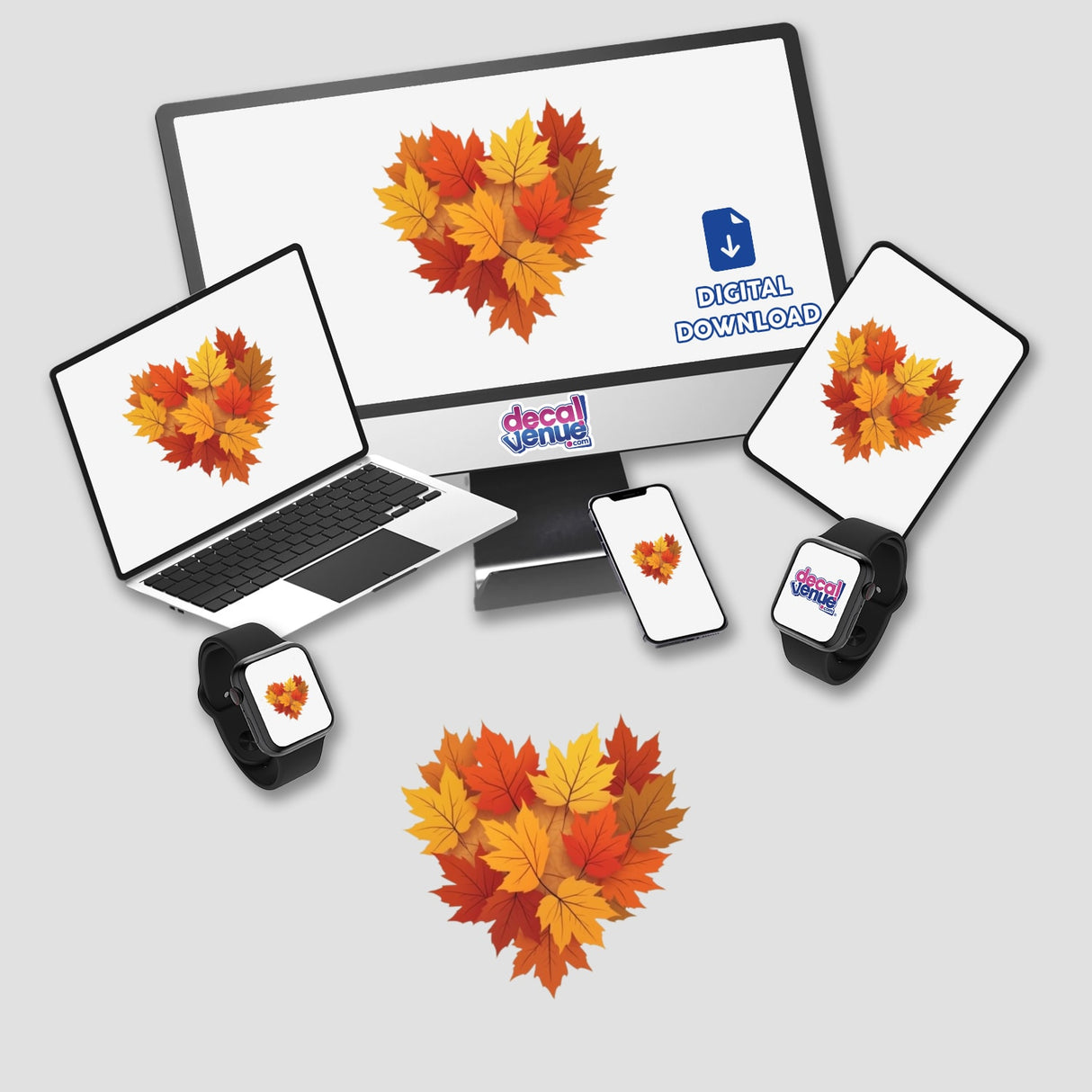 Fall Aesthetic Heart Clipart featuring a computer monitor and laptop displaying a heart-shaped arrangement of autumn leaves, available as stickers or digital artwork for commercial use.