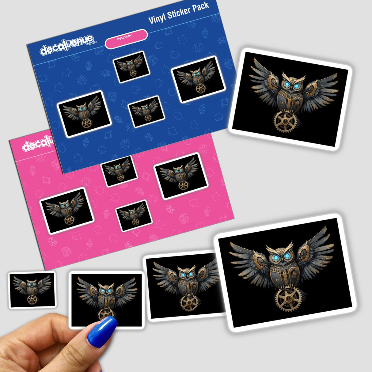 Mechanical Steampunk Owl sticker featuring glowing eyes and gear accents, highlighted by intricate owl designs and a steampunk aesthetic. Ideal for fans of unique vinyl stickers from Decal Venue.
