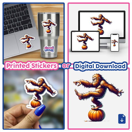 Colorful digital artwork featuring a Sasquatch standing on a pumpkin, available as printed stickers or digital download from Decal Venue online store.