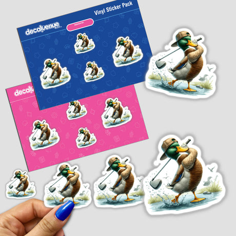 Colorful sticker pack featuring a mallard duck golfer swinging a club, displayed on a Decal Venue product background.