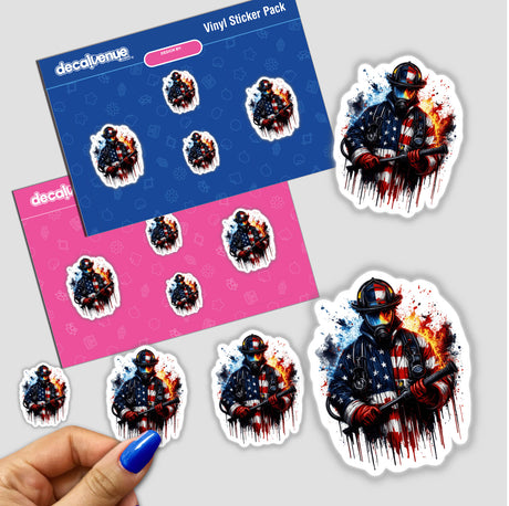 Vibrant digital artwork featuring American flag-themed firefighter silhouettes surrounded by flames, presented in a vinyl sticker pack from Decal Venue, an online store offering unique stickers and digital art.