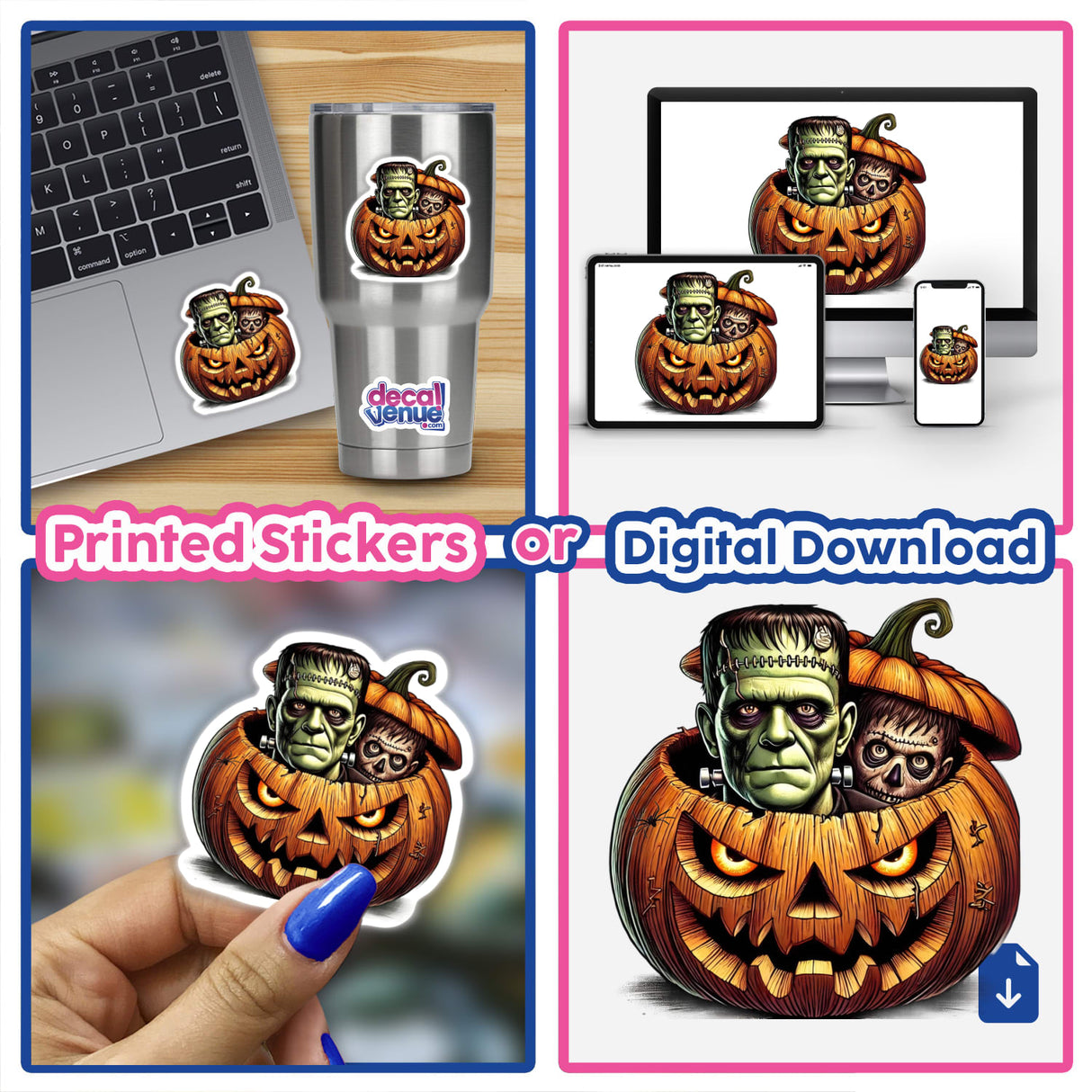Frankenstein Peeking Out of Pumpkin Halloween - Festive digital artwork featuring Frankenstein's monster emerging from an ornate jack-o'-lantern, perfect for Halloween decor or digital downloads.