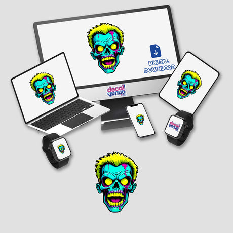 A Cool Neon Punk Zombie Skull displayed on various devices, including a laptop and smartwatch, showcasing vibrant cartoon designs. Available as stickers or digital artwork from Decal Venue.