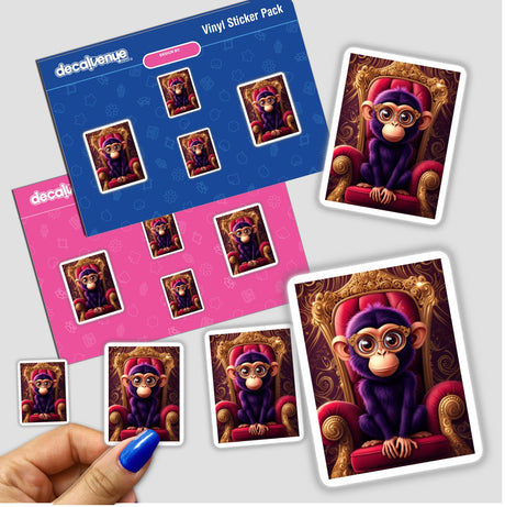 Regal Monkey sticker featuring a purple-furred primate with ornate glasses sitting on a golden throne, available as part of Decal Venue's unique vinyl stickers and digital artwork collection.