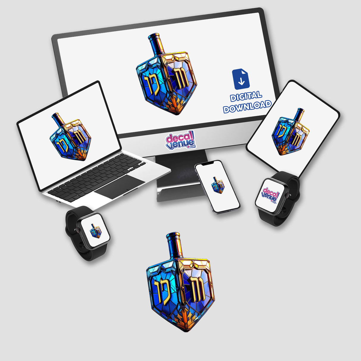 Dreidel Stained Glass Style artwork displayed on various digital devices, showcasing its availability as unique stickers or digital artwork, reflecting Decal Venue's focus on distinctive design elements.