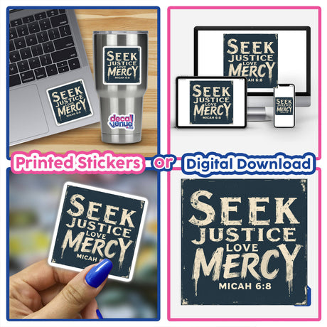 Seek Justice, Love Mercy - Micah 6:8 - Christian Sticker or Clipart featuring a collage of diverse stickers, including designs on laptops, cups, and signs, showcasing versatility and commercial rights.