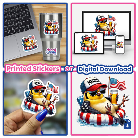 Goldfinch Bird American Flag Float Merica collage featuring stickers and digital artwork of a bird with a hat, sunglasses, drink, and flag, displayed on various items.