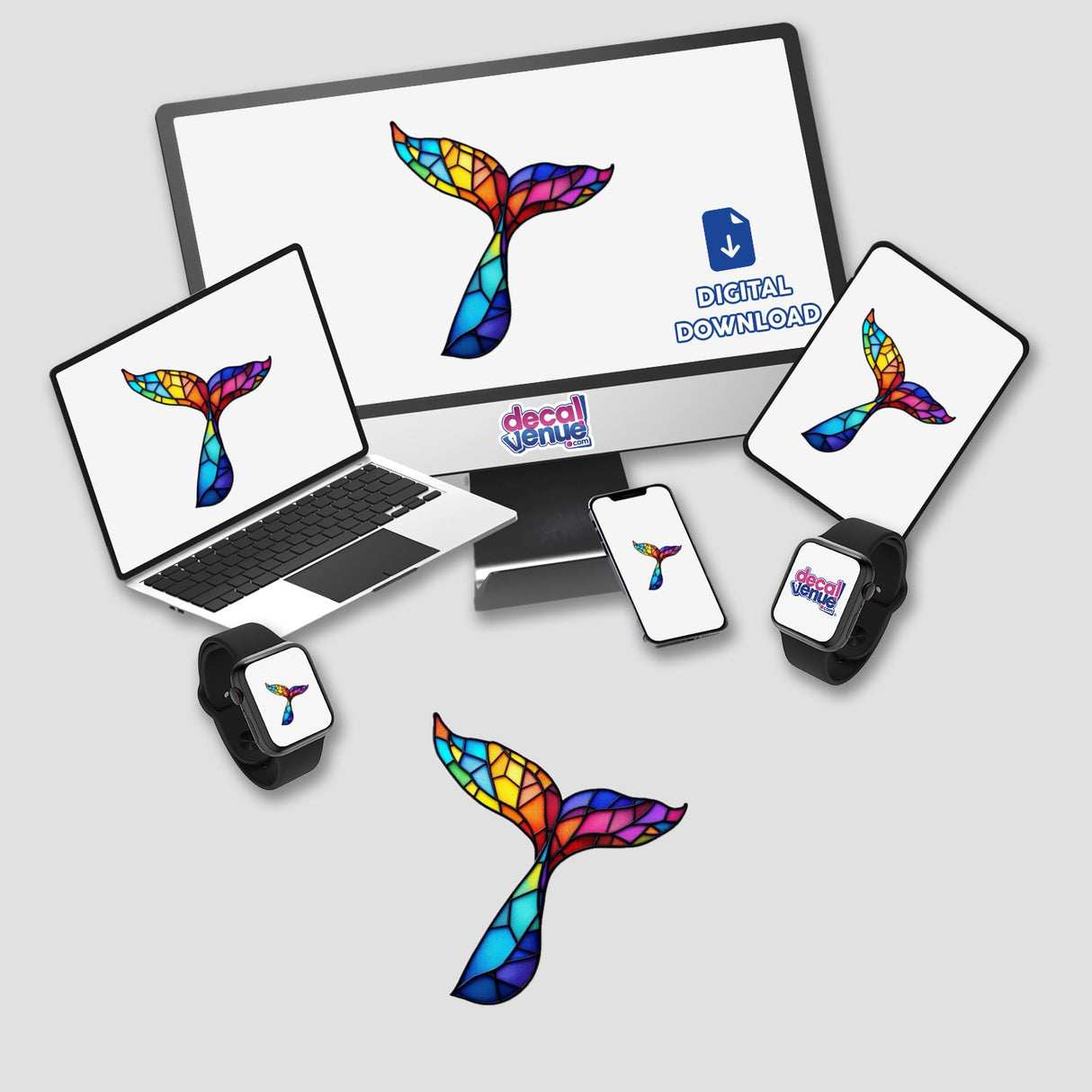 Whale Tail Stained Glass Style design displayed on a computer monitor and laptop, available as stickers or digital artwork, highlighting Decal Venue's unique collection of colorful, artistic creations.