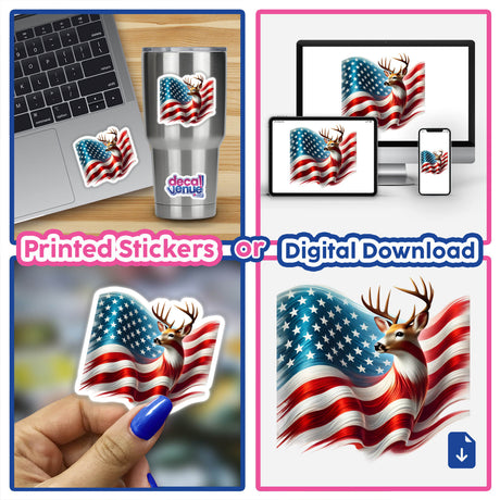 Collage featuring a Patriotic Deer American Flag Stars Stripes design on a laptop, a person painting nails, and close-ups of flags and deer. Available as stickers or digital artwork.