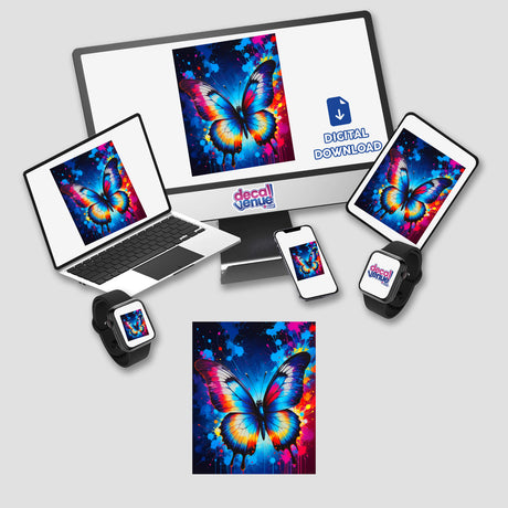 A Pretty Colorful Butterfly displayed on a computer monitor and laptop screen, representing digital artwork or stickers from Decal Venue.
