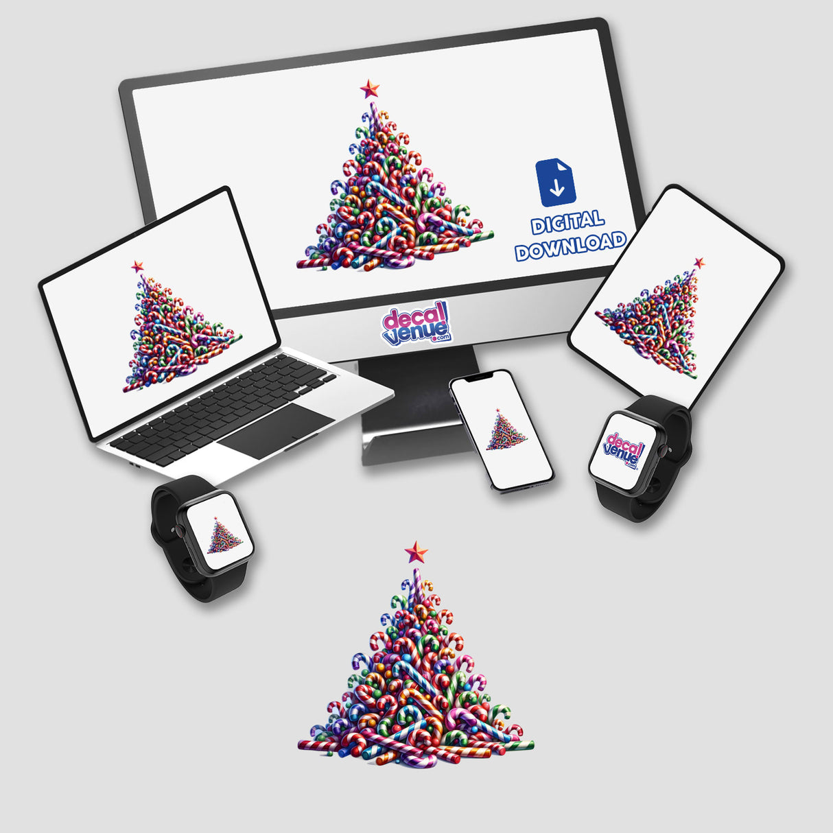 Colorful Candy Cane Christmas Tree design on a computer monitor, laptop, tablet, smartphone, and smartwatch screens, showcasing festive digital artwork available as stickers from Decal Venue.