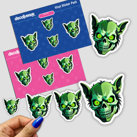Hybrid Human Dog Skull stickers featuring green skull designs, ideal for unique vinyl collections. Available as stickers or digital artwork from Decal Venue, showcasing distinctive art styles.