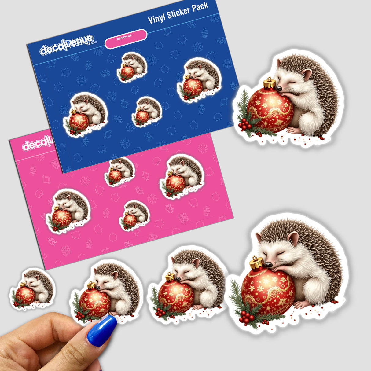Hedgehog Sleeping on Christmas Ornament sticker, featuring a hedgehog hugging a red ornament. Ideal for festive crafts, capturing Decal Venue's whimsical and unique sticker style.