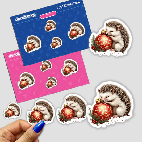 Hedgehog Sleeping on Christmas Ornament sticker, featuring a hedgehog hugging a red ornament. Ideal for festive crafts, capturing Decal Venue's whimsical and unique sticker style.