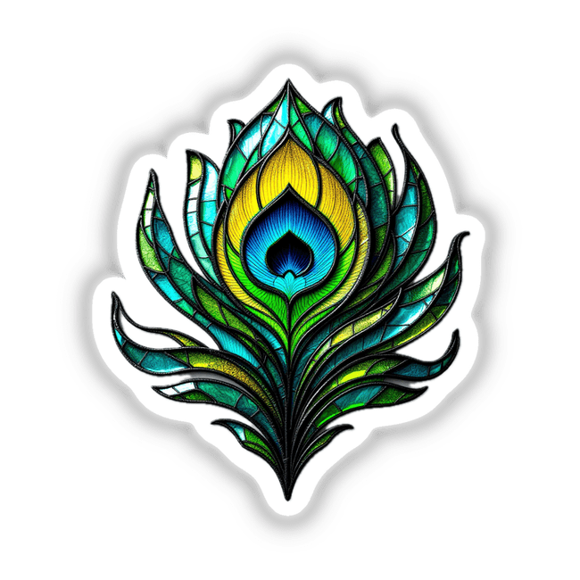 Peacock Feather Stained Glass Style sticker or digital artwork, showcasing intricate fractal art details and vibrant design, aligning with Decal Venue’s unique offerings in creative stickers and digital art.
