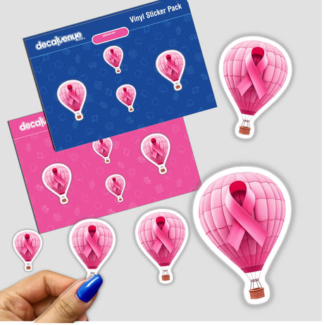 Hot Air Balloon Pink Ribbon Breast Cancer sticker pack featuring various hot air balloons adorned with pink ribbons, available as unique vinyl stickers or digital artwork from Decal Venue.