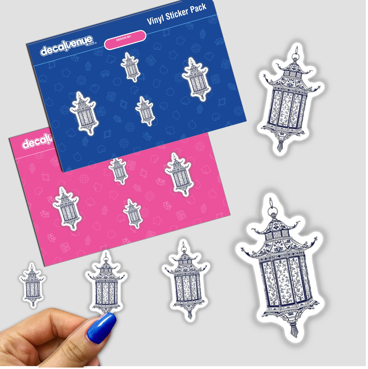 Chinoiserie Pagoda Lantern sticker pack features intricate illustrations of blue and white pagodas and Chinese lanterns, available as stickers or digital artwork from Decal Venue.
