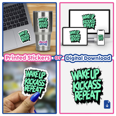 A collage featuring a laptop adorned with the Wake Up Kick Ass Repeat Funny Quote sticker, highlighting its availability as a vinyl sticker or digital artwork from Decal Venue.