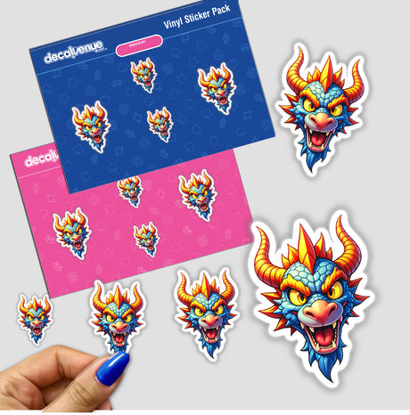 A hand displays A Cool Fantasy Dragon sticker pack, featuring vibrant dragon cartoons, exemplifying Decal Venue’s unique vinyl sticker and digital art collection.