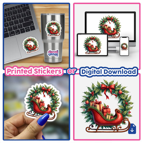 Vintage Sleigh with Presents in a Christmas Wreath digital artwork, featuring a festive sleigh surrounded by a wreath, ideal for stickers or digital download from DecalVenue's unique collection.