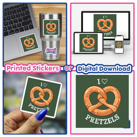 I Love Pretzels - Digital Artwork featuring a pretzel icon on a green background, available as printed stickers or digital download from Decal Venue, an online store offering unique stickers and digital art by talented designers.