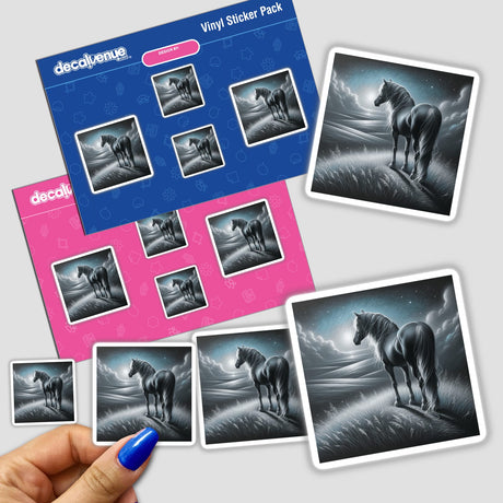 Horse on a Grassy Hill Under Moonlight sticker held in hand, showcasing intricate horse artwork with a serene hillside background. Available as stickers or digital artwork at Decal Venue.