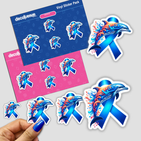 Dolphin Blue Ribbon Colon Cancer Awareness stickers featuring dolphins intertwined with blue ribbons, highlighting a unique design available as vinyl stickers or digital artwork from Decal Venue.