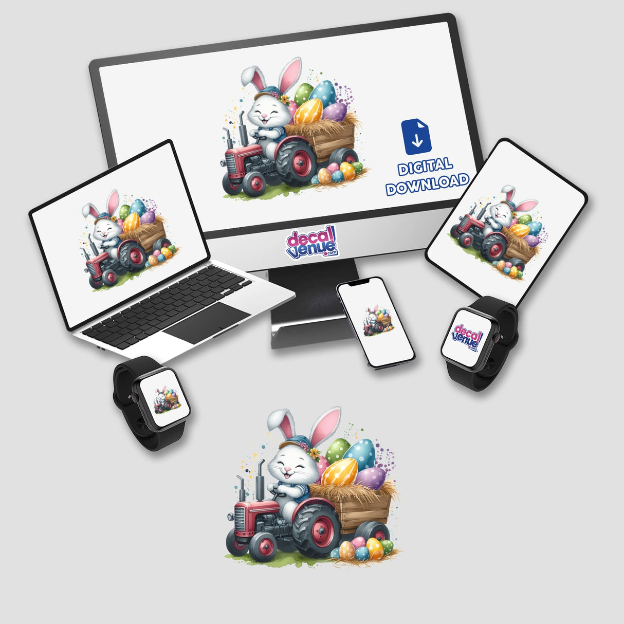 Easter Egg Bunny Tractor II: A whimsical digital artwork showing a bunny riding a tractor with colorful eggs. Available as stickers or digital art from Decal Venue.