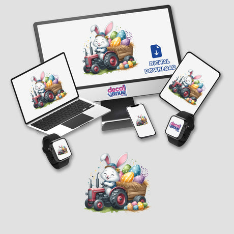 Easter Egg Bunny Tractor II: A whimsical digital artwork showing a bunny riding a tractor with colorful eggs. Available as stickers or digital art from Decal Venue.