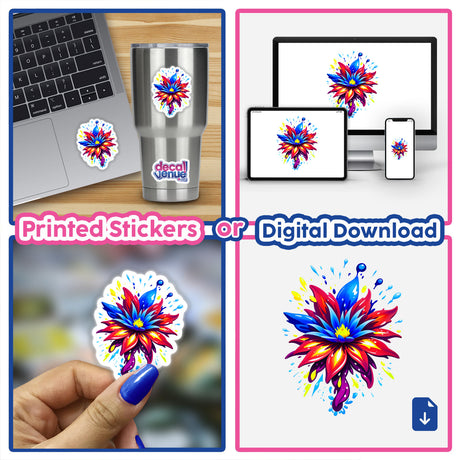 A collage featuring A Colorful Spring Flower sticker on various surfaces, including a laptop and held by a hand, showcasing its versatile use as both sticker and digital art.