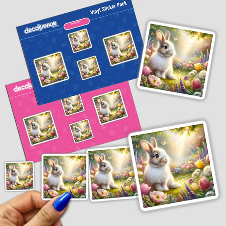 Rabbit in a Blooming Meadow Watercolor Illustration sticker, featuring a white rabbit with brown ears surrounded by flowers, available as a sticker or digital artwork.